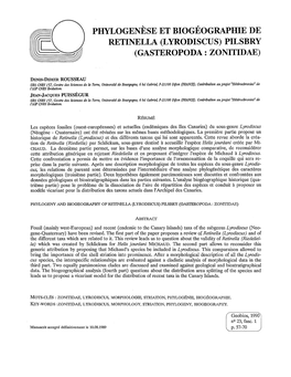 Phylogenese Et Biogeographie De Retinella (Lyrodiscus) Pilsbry (Gasteropoda : Zonitidae)