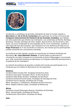Congreso Internacional De Pastoral De Las Grandes Ciudades Catholic.Net