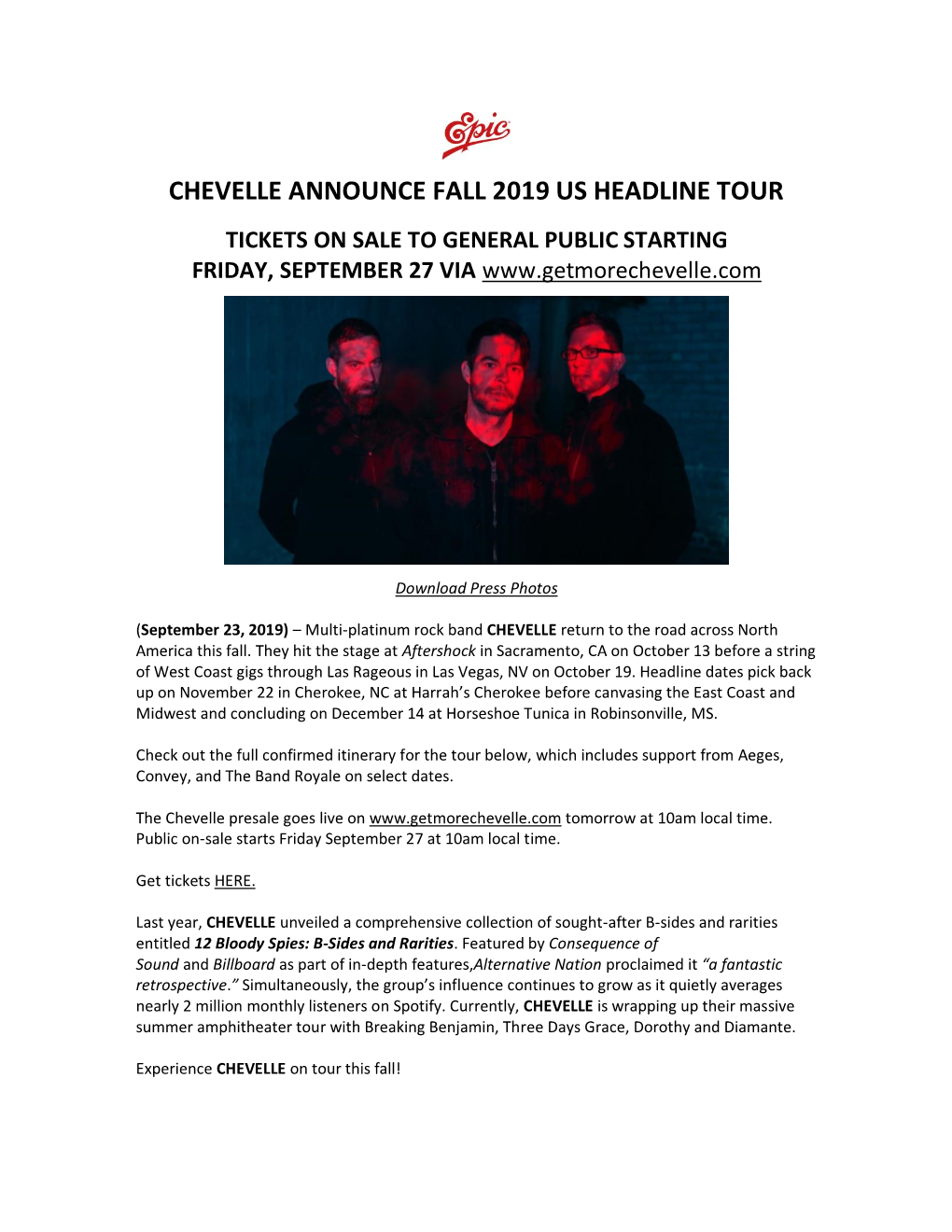 Chevelle Announce Fall 2019 Us Headline Tour