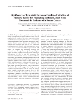 Significance of Lymphatic Invasion Combined with Size of Primary Tumor for Predicting Sentinel Lymph Node Metastasis in Patients with Breast Cancer