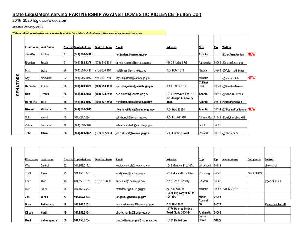 State Legislators Serving PARTNERSHIP AGAINST DOMESTIC VIOLENCE (Fulton Co.) 2019-2020 Legislative Session Updated January 2020