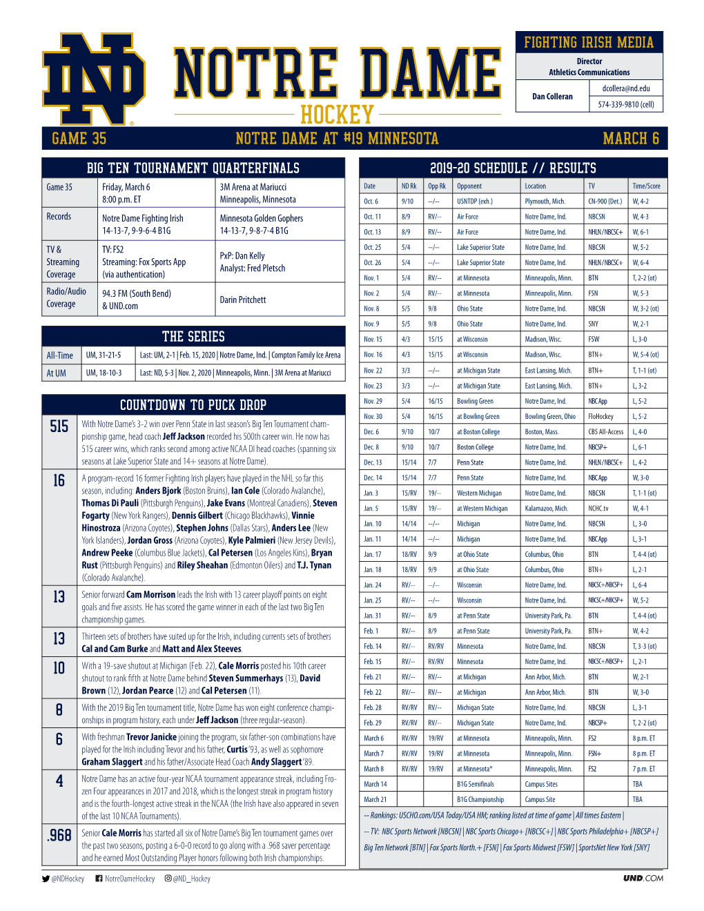 Game 35 Notre Dame at #19 Minnesota March 6