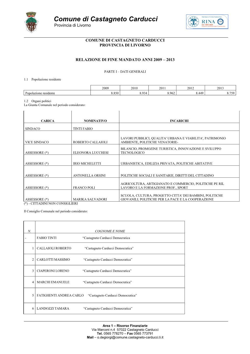 Relazione Di Fine Mandato Anni 2009 – 2013