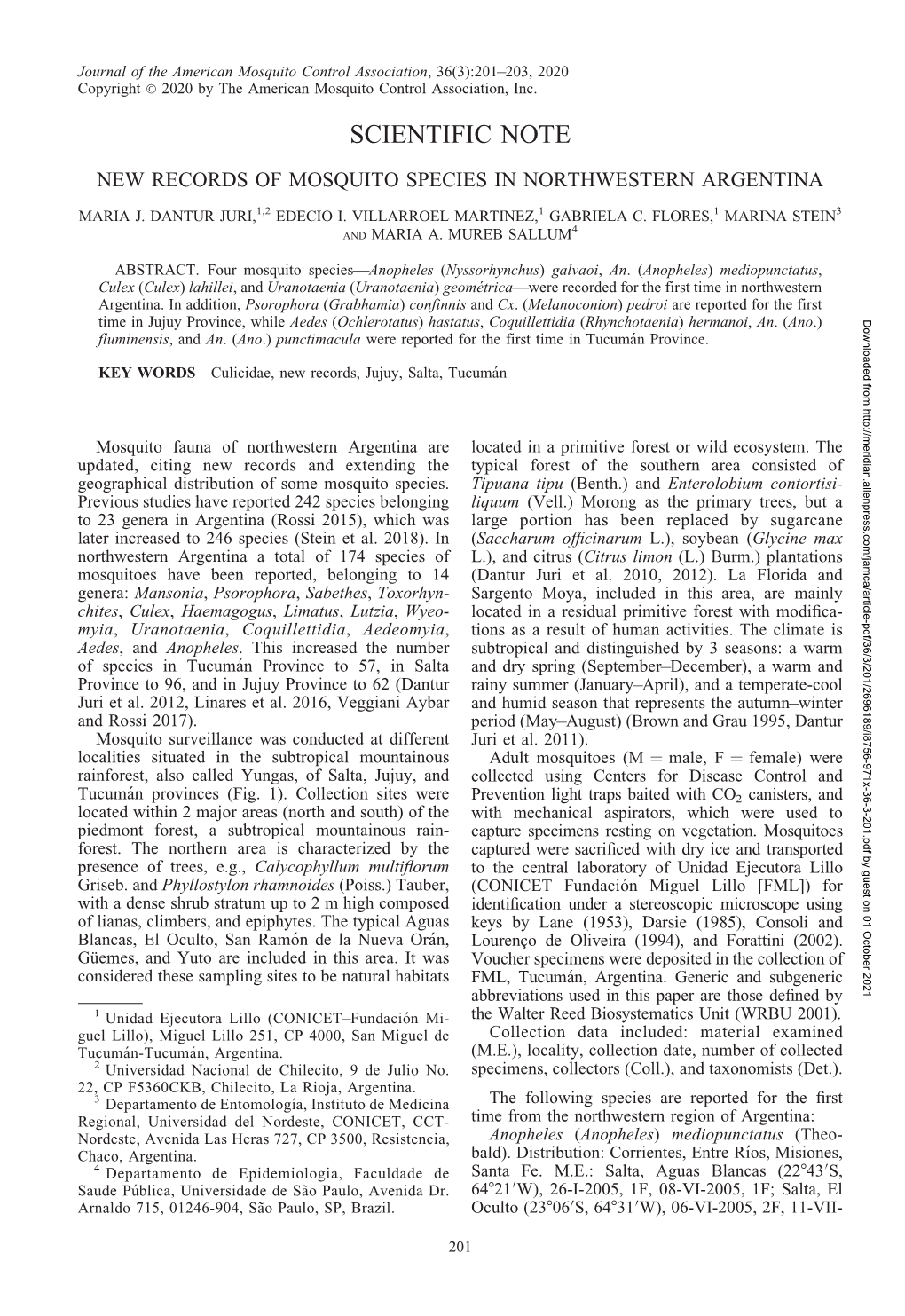 New Records of Mosquito Species in Northwestern Argentina