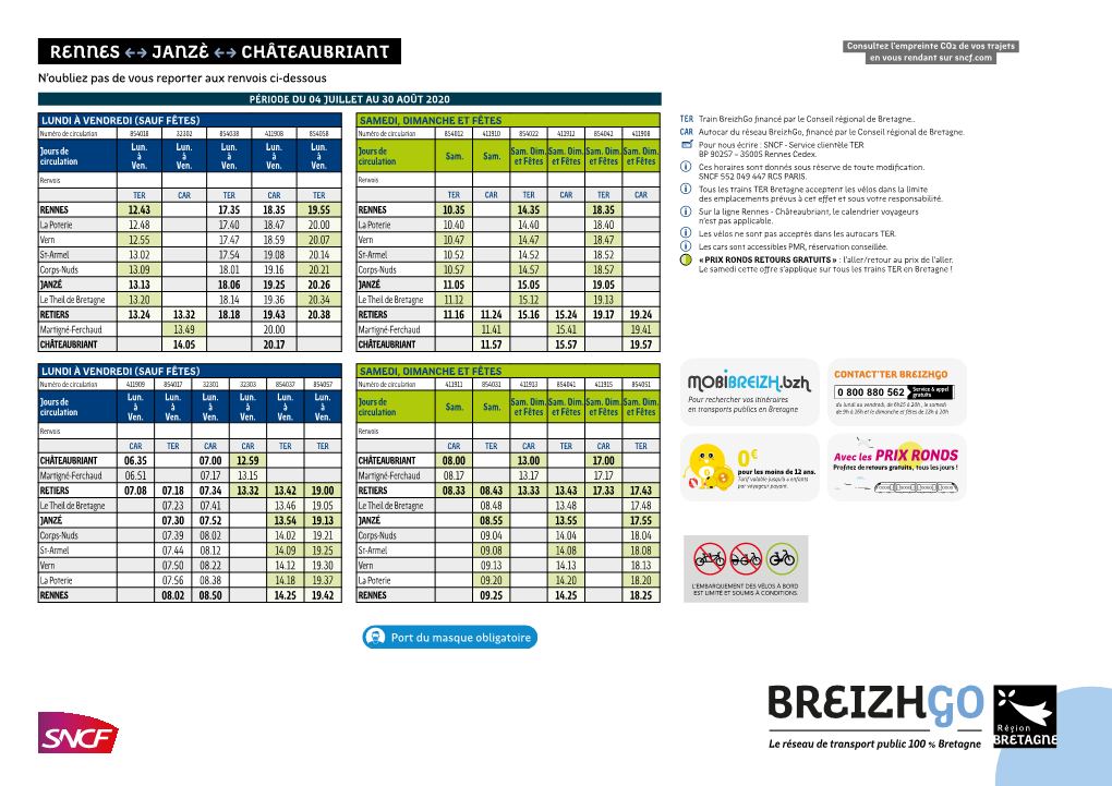 RENNES JANZÈ CHÂTEAUBRIANT En Vous Rendant Sur Sncf.Com N’Oubliez Pas De Vous Reporter Aux Renvois Ci-Dessous PÉRIODE DU 04 JUILLET AU 30 AOÛT 2020