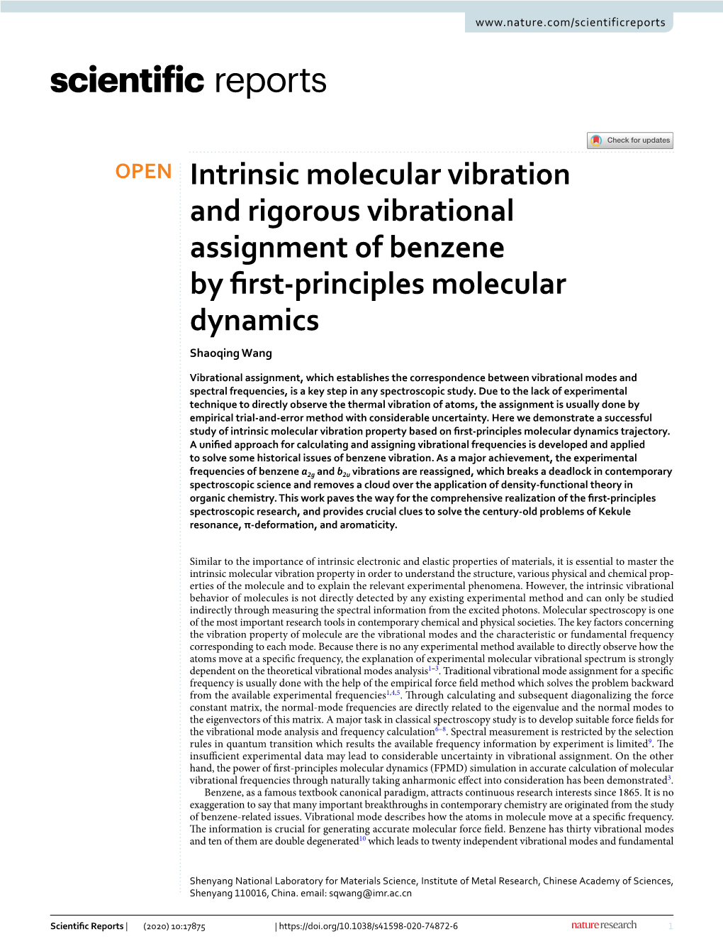 Intrinsic Molecular Vibration and Rigorous Vibrational Assignment of Benzene by Frst‑Principles Molecular Dynamics Shaoqing Wang