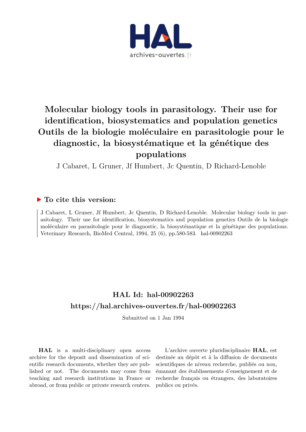 Molecular Biology Tools in Parasitology. Their Use for Identification