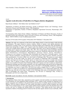 Asian-Australasian Journal of Bioscience and Biotechnology Aquatic Weeds Diversity of Fatki River in Magura District, Banglades