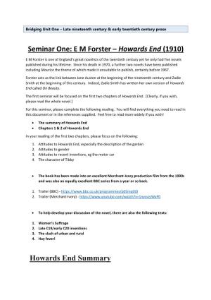 Seminar One: EM Forster – Howards End (1910)