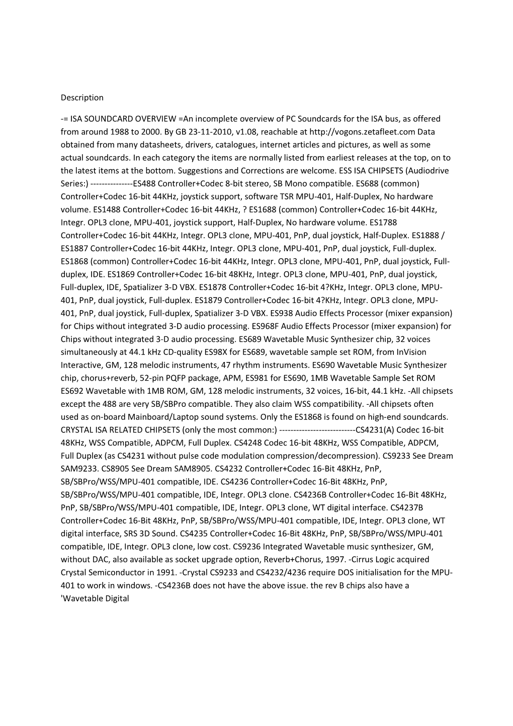 Description -= ISA SOUNDCARD OVERVIEW =An Incomplete