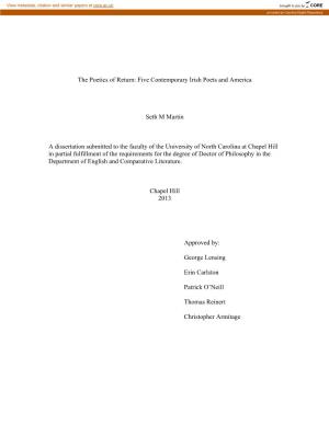 Five Contemporary Irish Poets and America Seth M Martin a Dissertation Submitted to the Faculty of the Un