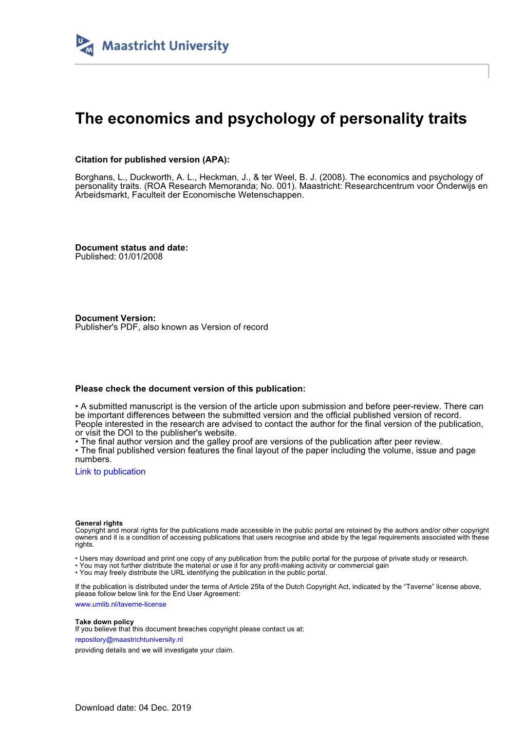 The Economics and Psychology of Personality Traits