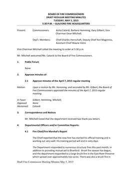 Draft Fire Commission Meeting Minutes May 5, 2015 BOARD of FIRE COMMISSIONERS DRAFT REGULAR MEETING MINUTES TUESDAY
