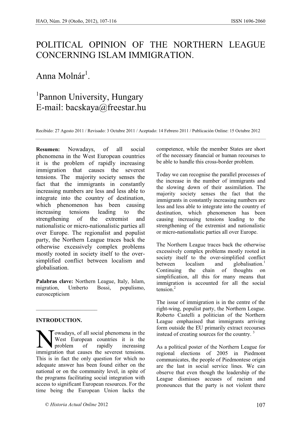 Political Opinion of the Northern League Concerning Islam Immigration