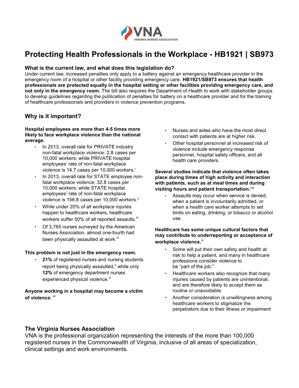 Protecting Health Professionals in the Workplace - HB1921 SB973