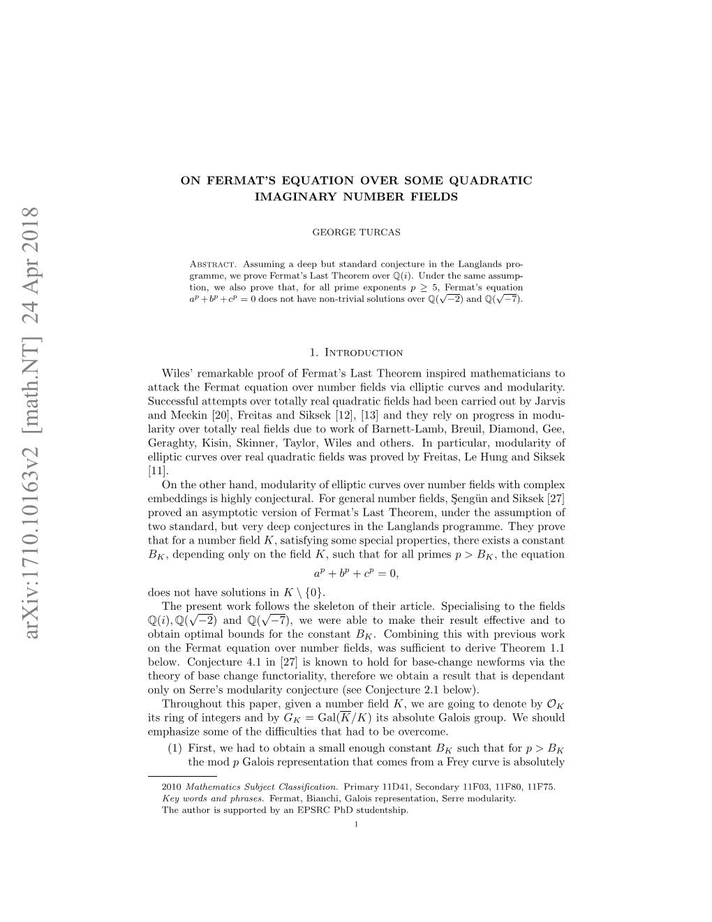 Arxiv:1710.10163V2 [Math.NT] 24 Apr 2018 Q Litccre Vrra Udai Ed a Rvdb Ria,L H Le M Freitas, by Particular, Proved in Was ﬁelds D [11]