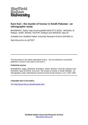 Karo Kari : the Murder of Honour in Sindh Pakistan : an Ethnographic Study