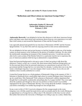“Reflections and Observations on American Foreign Policy” First Lecture