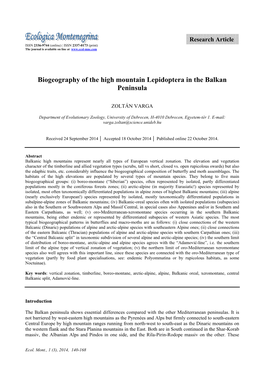 Biogeography of the High Mountain Lepidoptera in the Balkan Peninsula