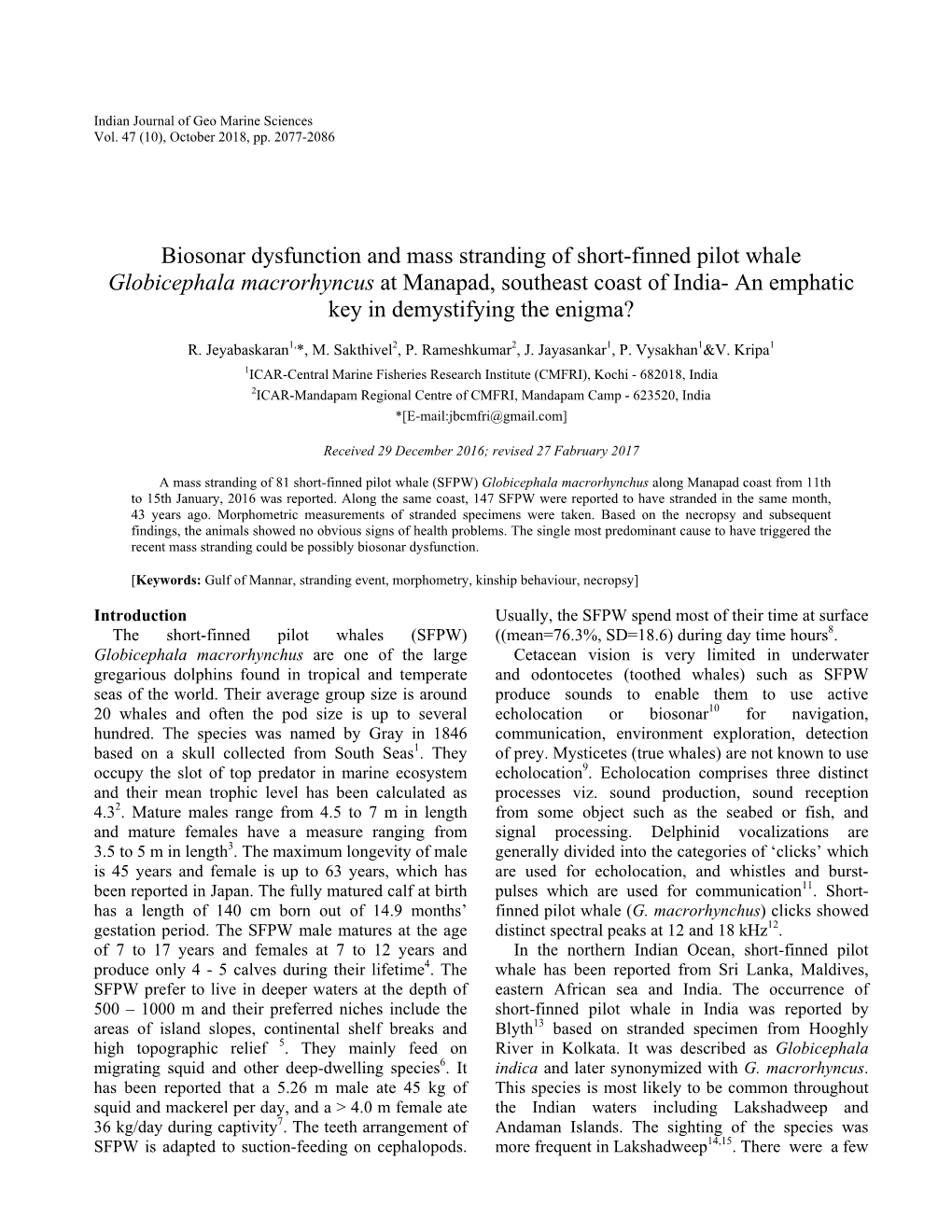 Biosonar Dysfunction and Mass Stranding of Short-Finned Pilot Whale