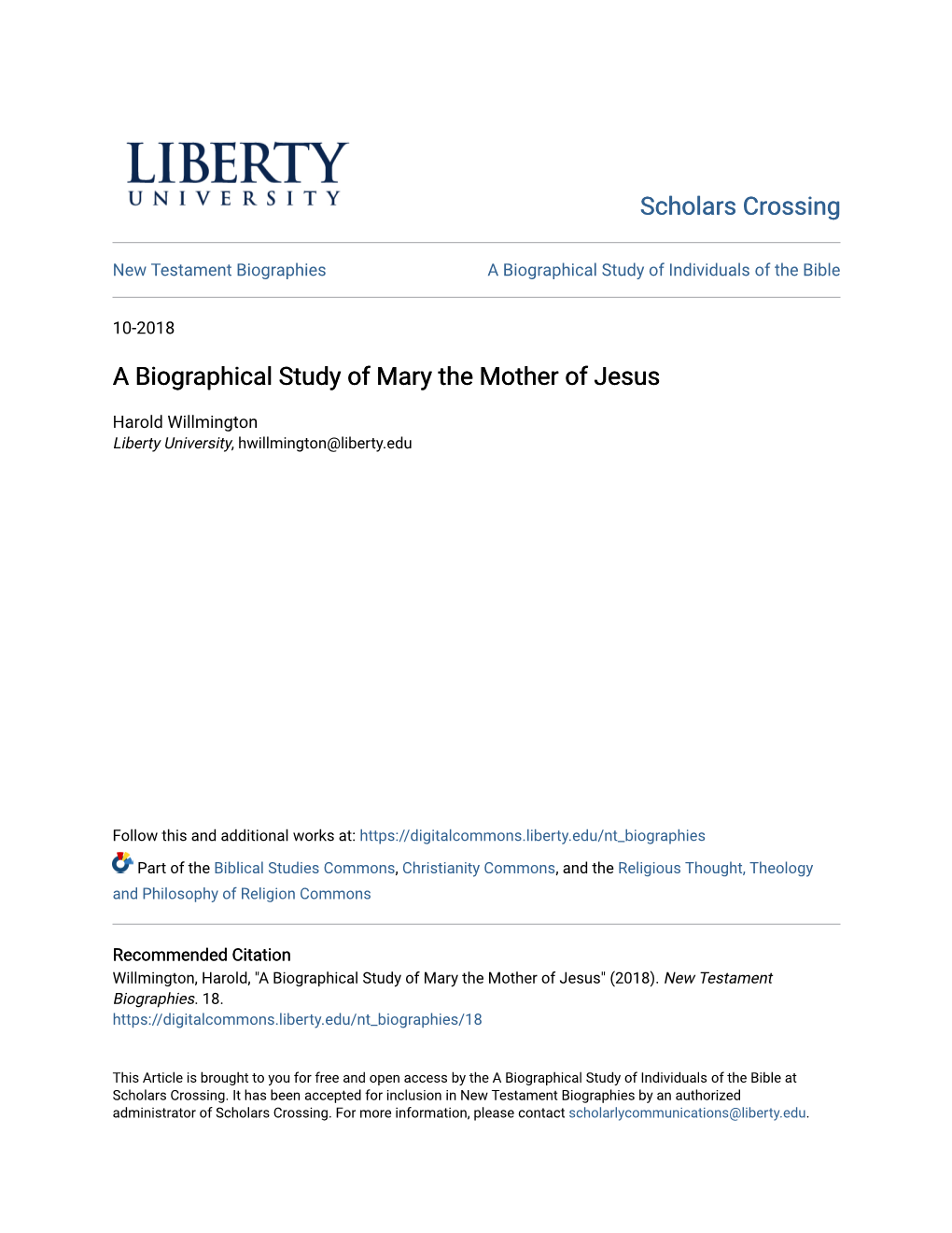 A Biographical Study of Mary the Mother of Jesus
