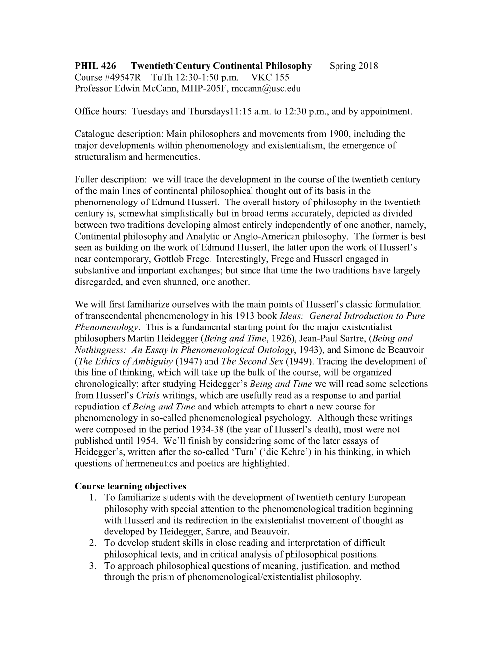 PHIL 455 Phenomenology and Existentialism Fall 2003