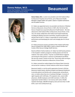 Donna Hoban, M.D. Senior Vice President, Chief Medical Officer Beaumont Hospital, Grosse Pointe