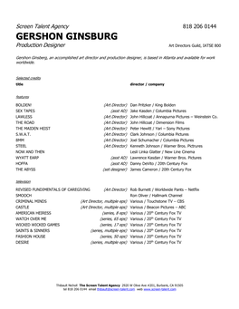 GERSHON GINSBURG Production Designer Art Directors Guild, IATSE 800
