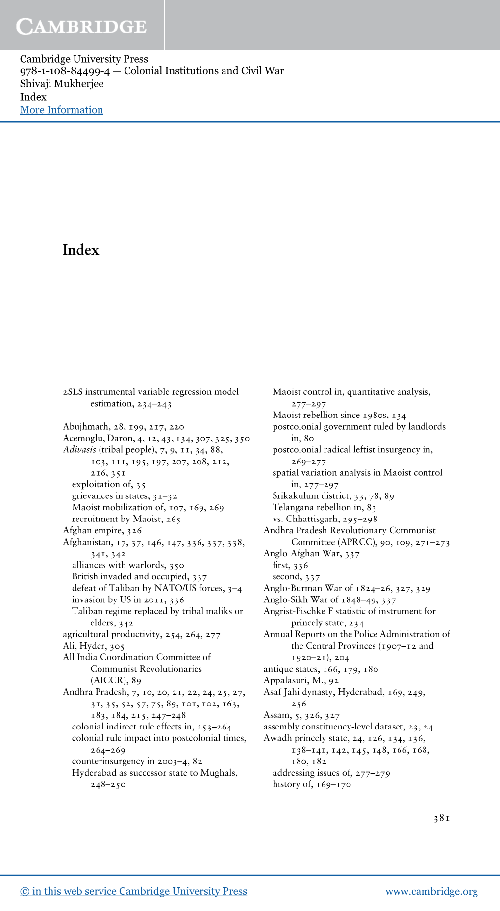 Cambridge University Press 978-1-108-84499-4 — Colonial Institutions and Civil War Shivaji Mukherjee Index More Information