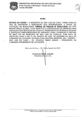 Prefeitura Municipal De Sao Luís Do Curu Aviso Estado Do Ceara -O Município De Sao Luís Do Curu, Torna Público Que Se