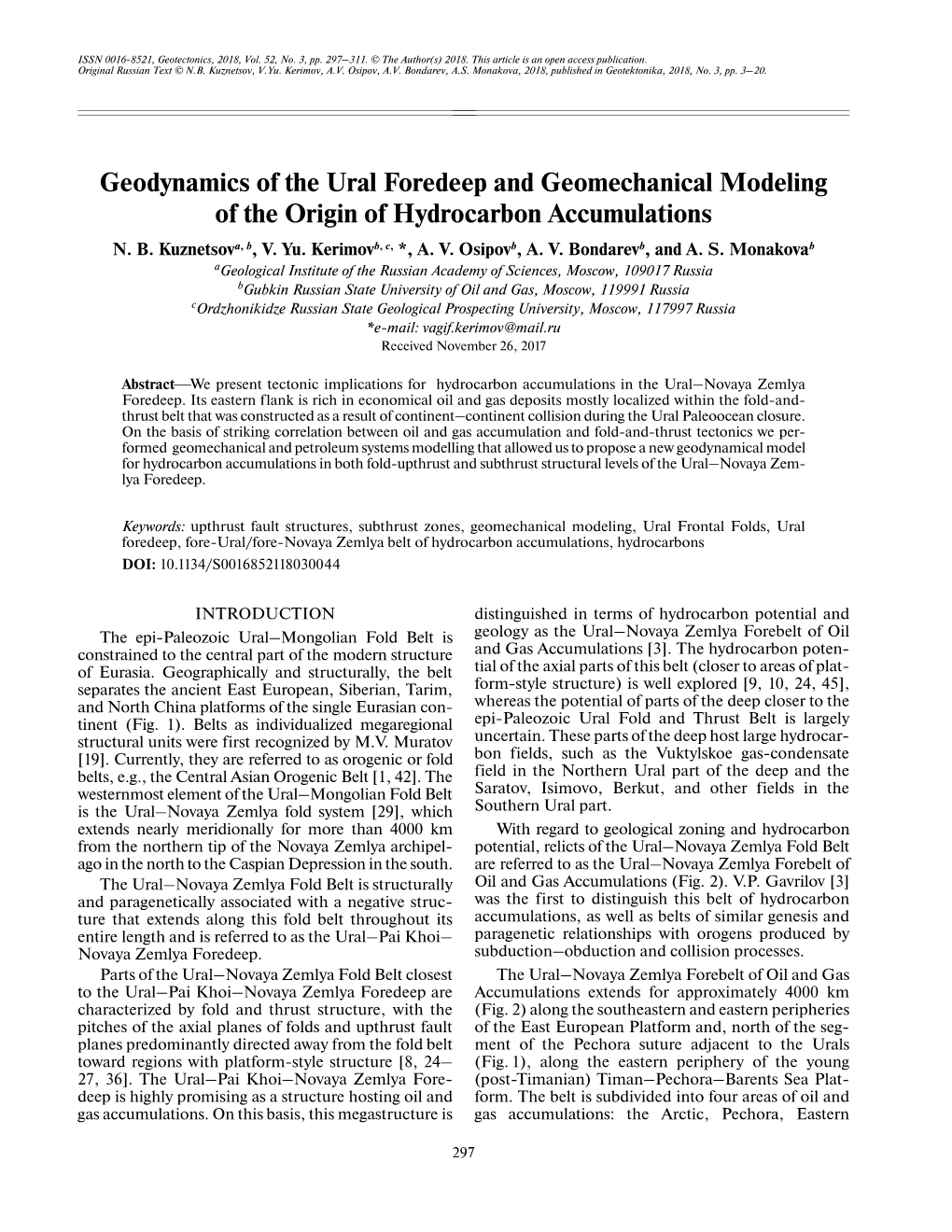 Geodynamics of the Ural Foredeep and Geomechanical Modeling of the Origin of Hydrocarbon Accumulations N