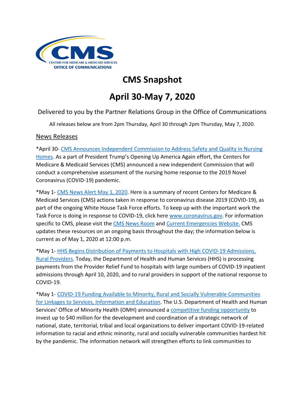 CMS Snapshot April 30-May 7, 2020 (PDF)