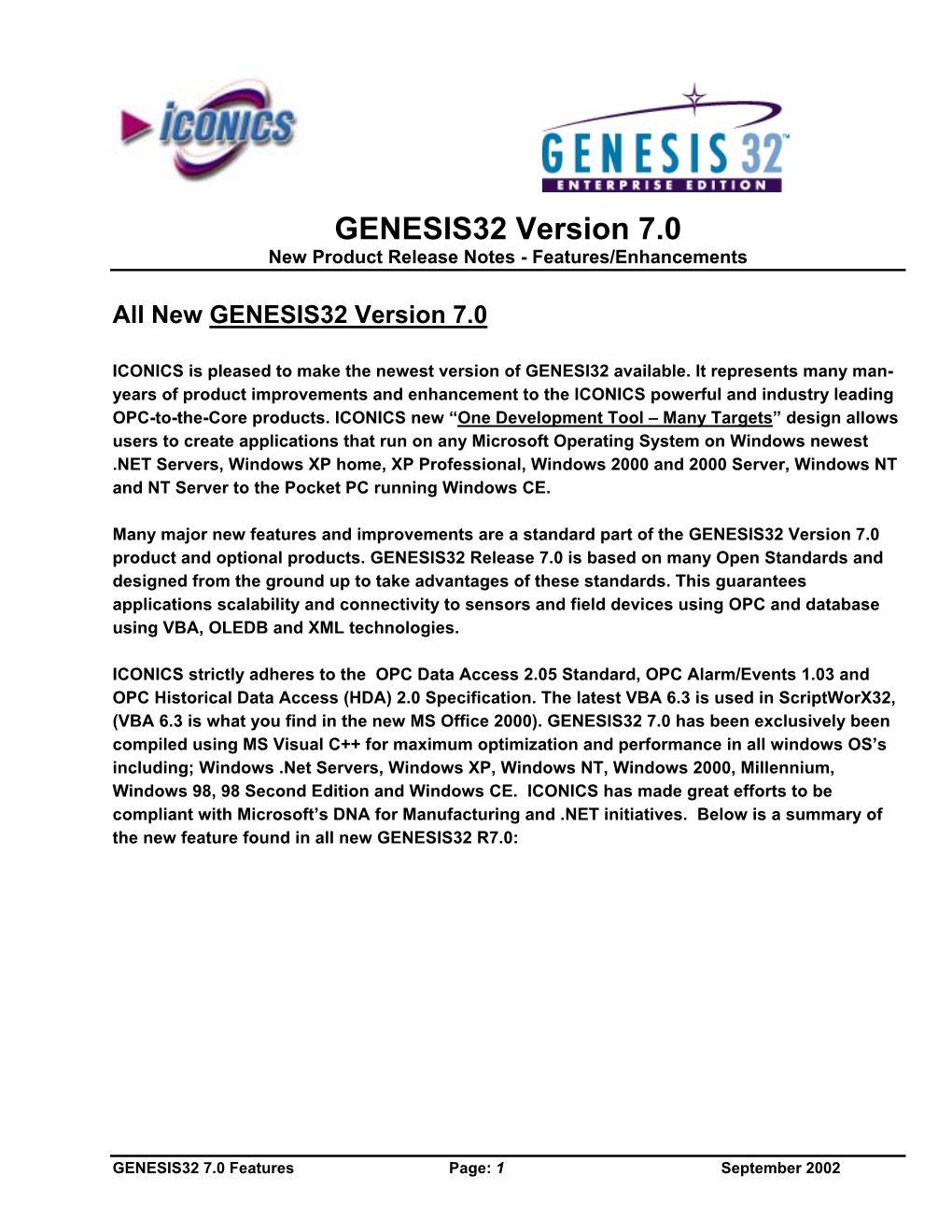 GENESIS 32 Release 6.1 • Runs on Windows NT, Windows 95, Windows 98, Win CE and Win 2000