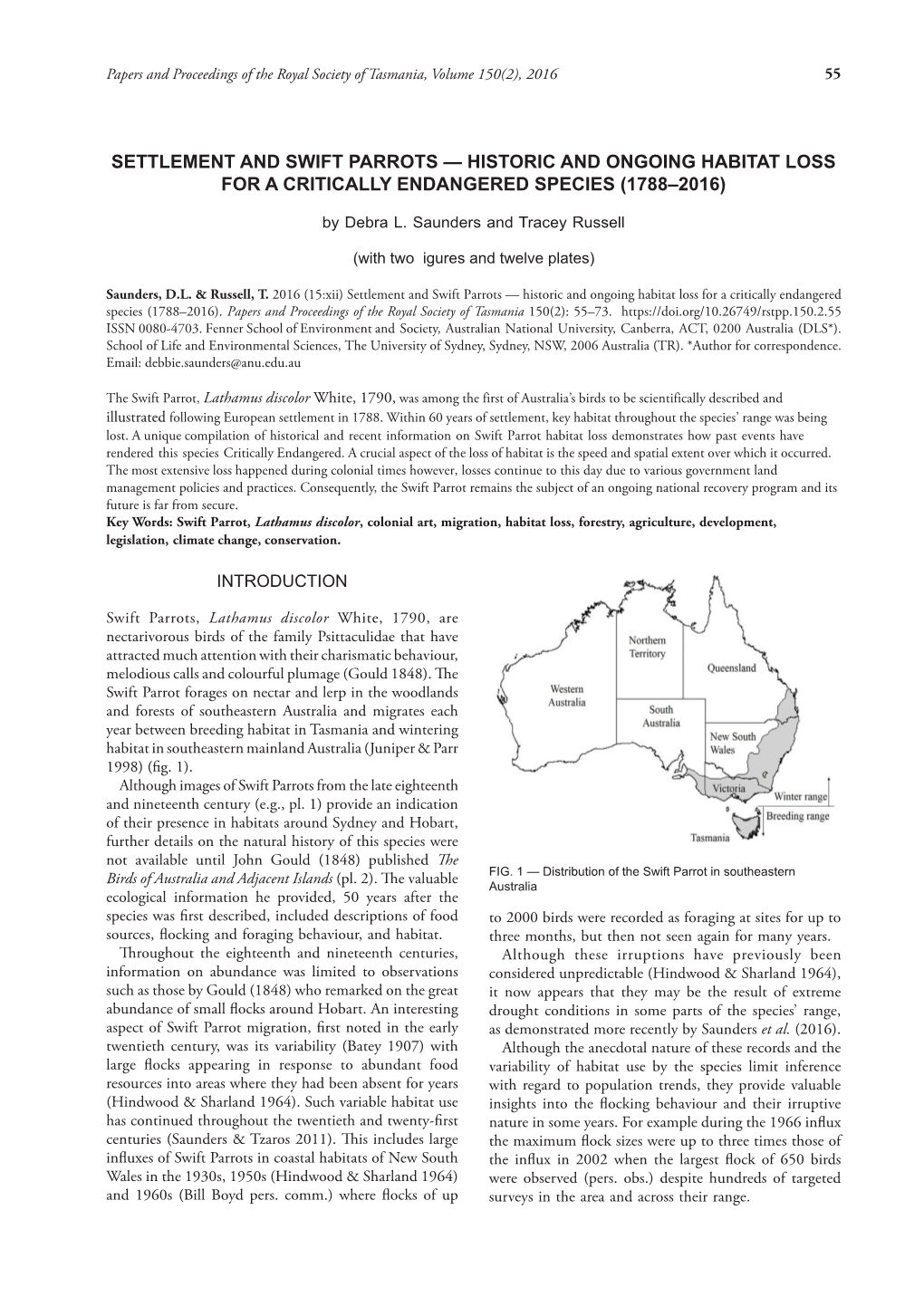 Settlement and Swift Parrots — Historic and Ongoing Habitat Loss for a Critically Endangered Species (1788–2016)