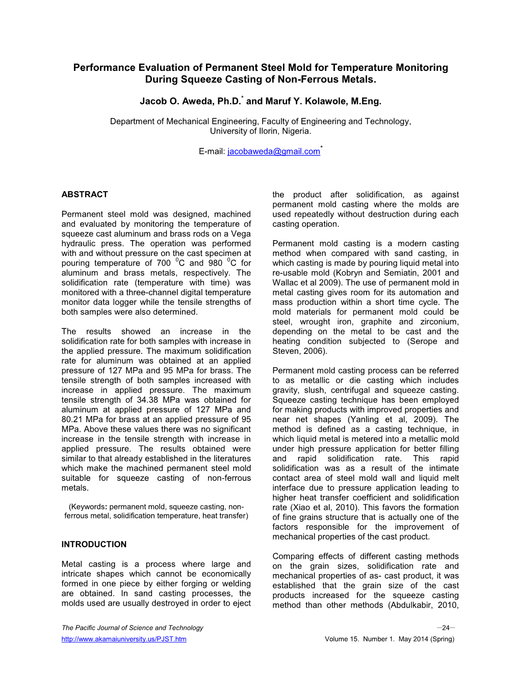 Performance Evaluation of Permanent Steel Mold for Temperature Monitoring During Squeeze Casting of Non-Ferrous Metals