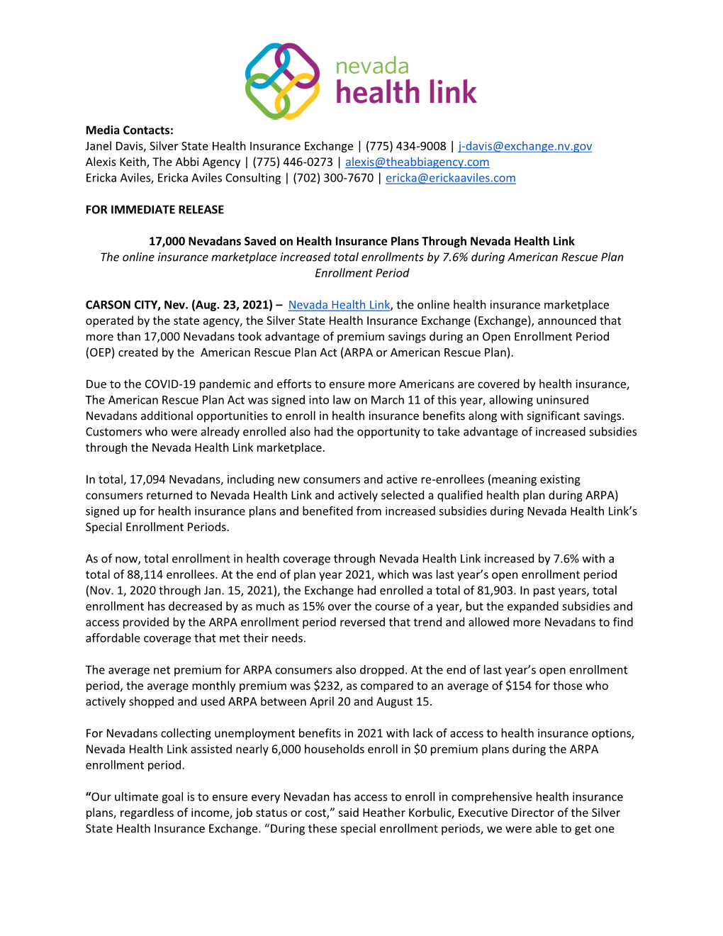 Nevada Health Link Press Release