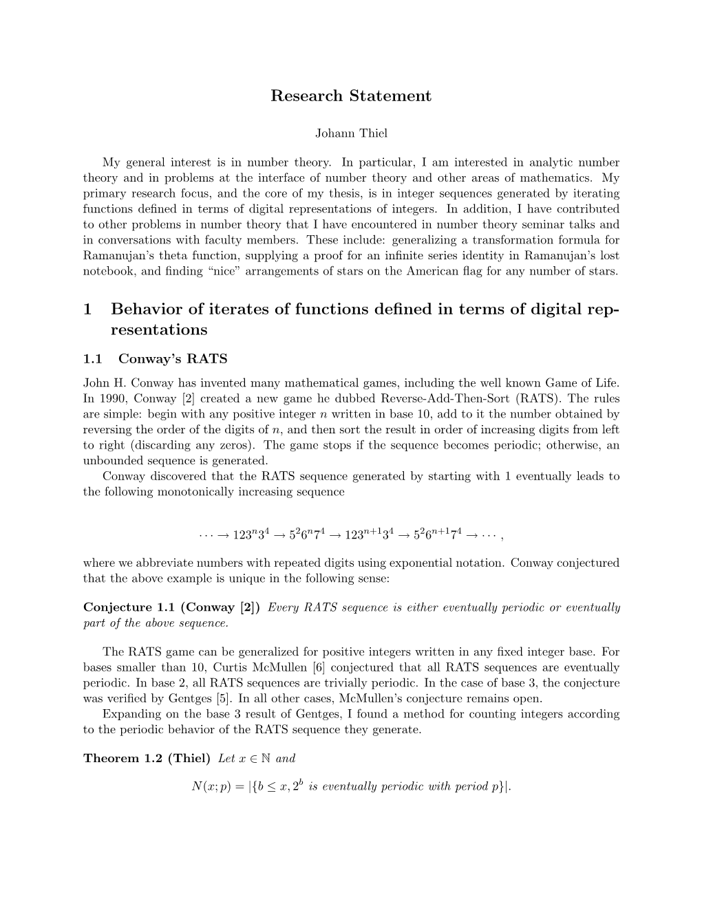 Research Statement 1 Behavior of Iterates of Functions