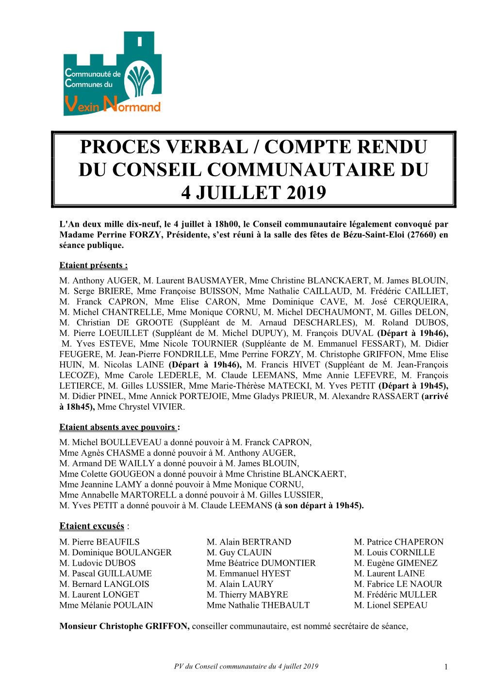 Proces Verbal / Compte Rendu Du Conseil Communautaire Du 4 Juillet 2019