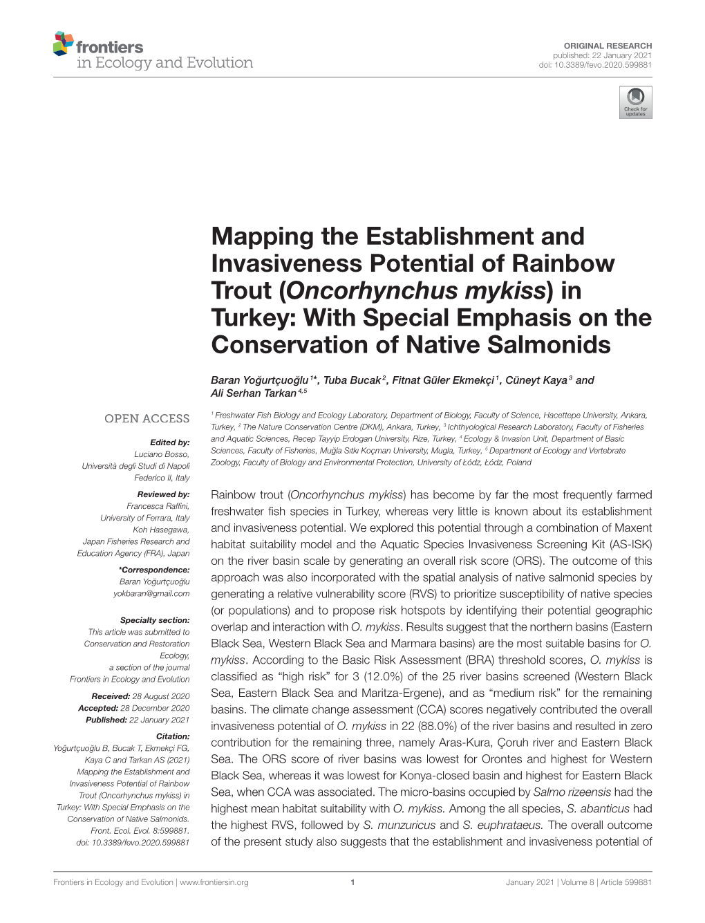 (Oncorhynchus Mykiss) in Turkey: with Special Emphasis on the Conservation of Native Salmonids