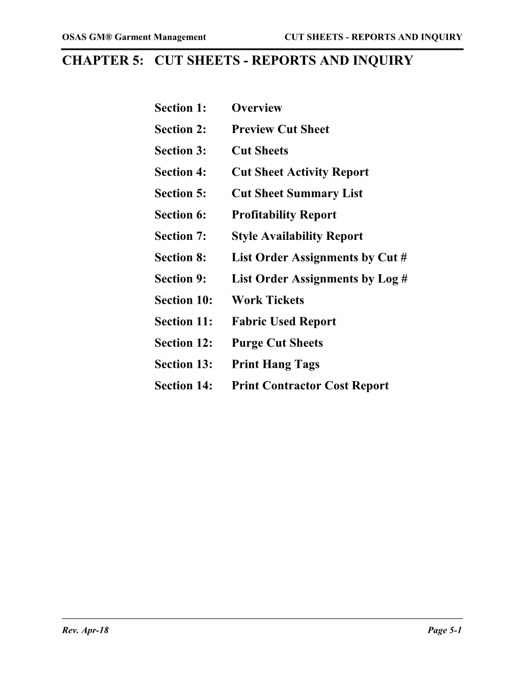 Chapter 5: Cut Sheets - Reports and Inquiry