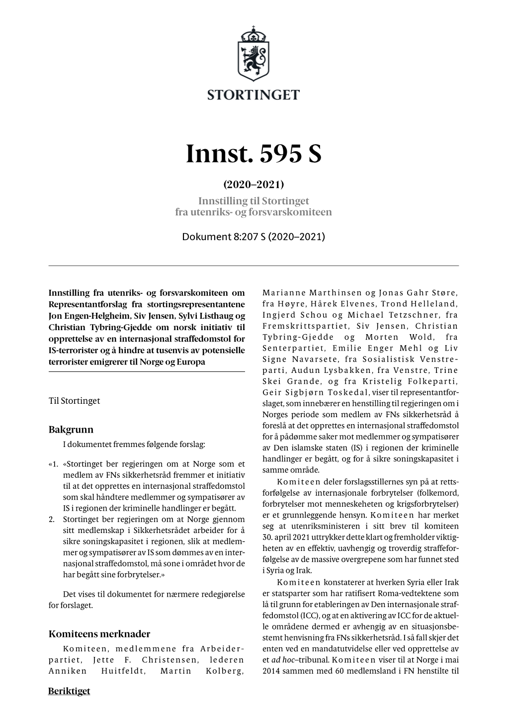 Innst. 595 S (2020–2021) Innstilling Til Stortinget Fra Utenriks- Og Forsvarskomiteen