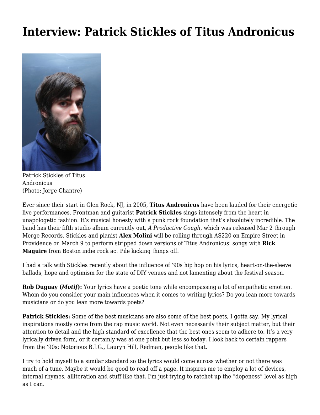 Interview: Patrick Stickles of Titus Andronicus