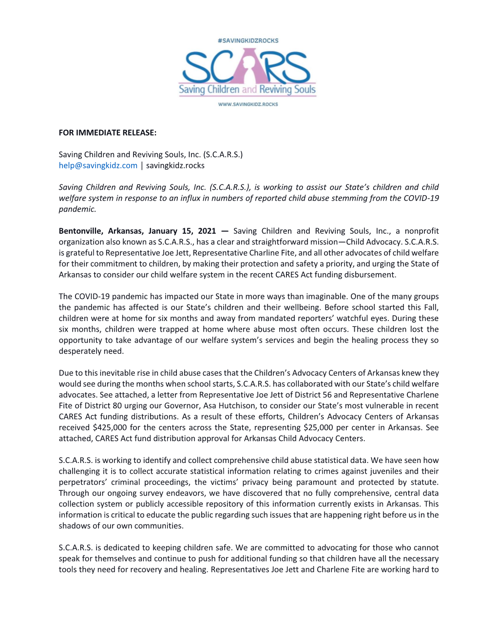 FOR IMMEDIATE RELEASE: Saving Children and Reviving