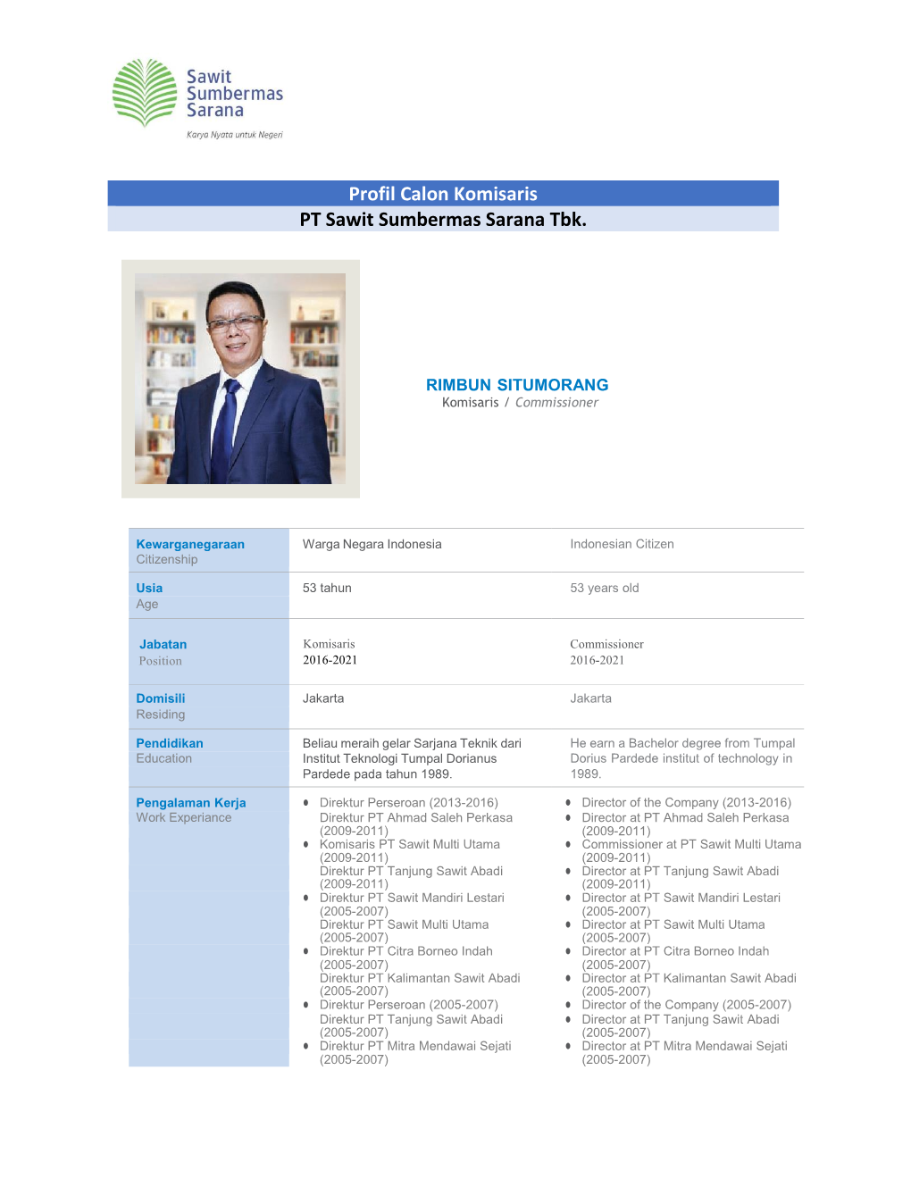 Profil Calon Komisaris PT Sawit Sumbermas Sarana Tbk