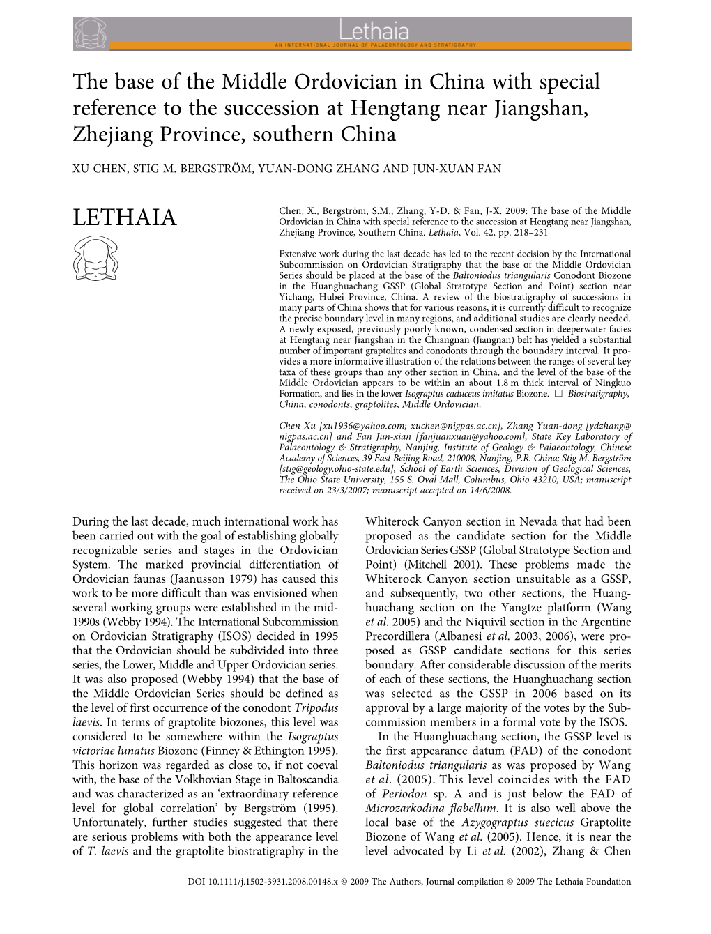 The Base of the Middle Ordovician in China with Special Reference to the Succession at Hengtang Near Jiangshan, Zhejiang Provinc