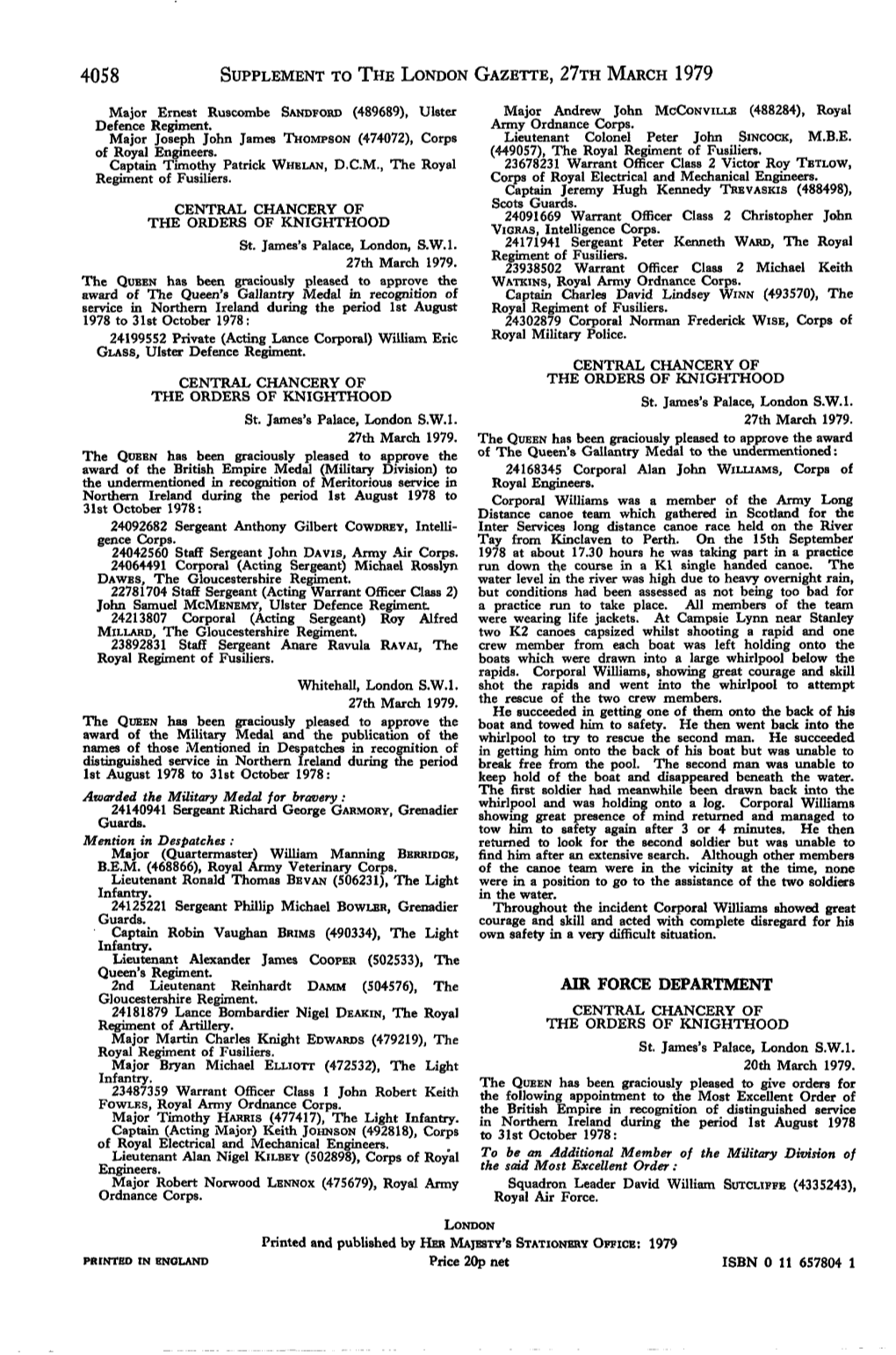 4058 Supplement to the London Gazette, 27Th March 1979