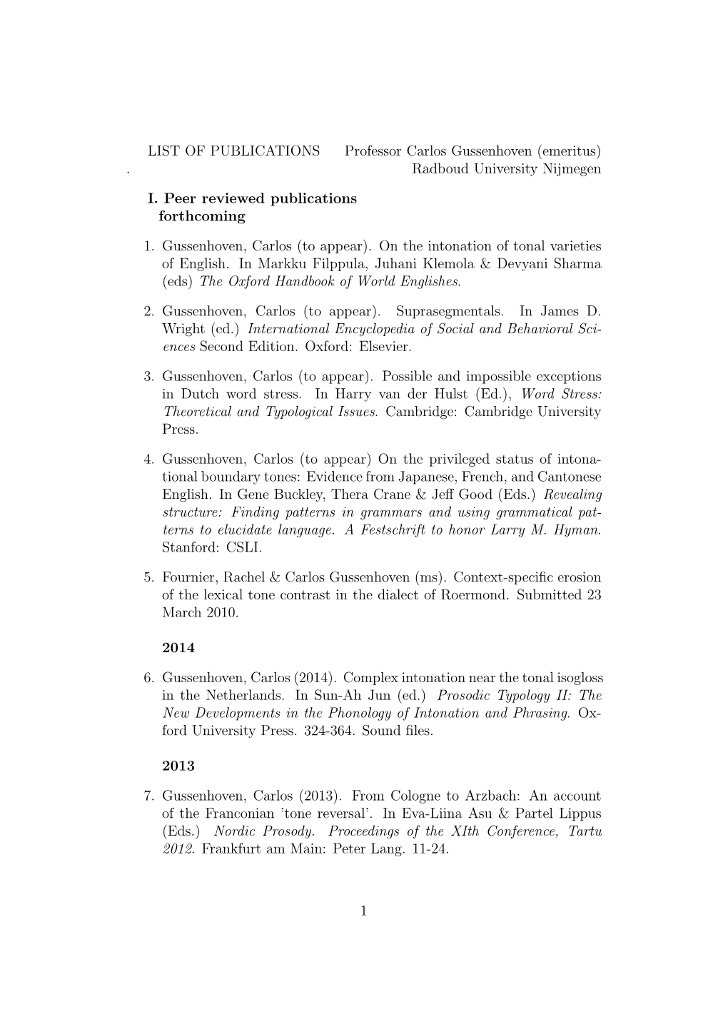 LIST of PUBLICATIONS Professor Carlos Gussenhoven (Emeritus)