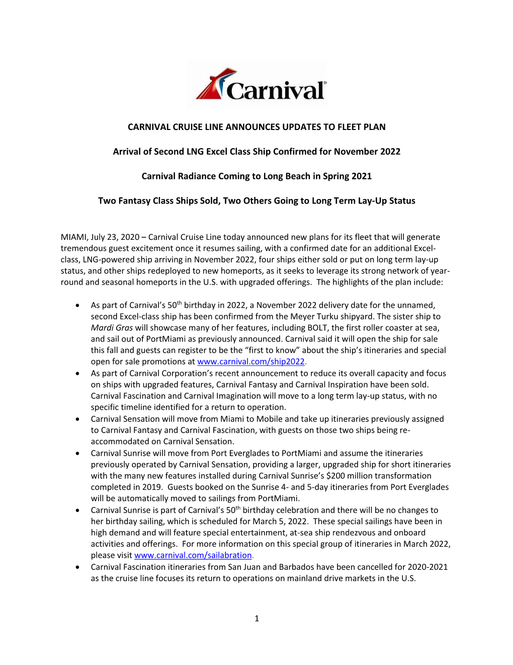Carnival Cruise Line Announces Updates to Fleet Plan