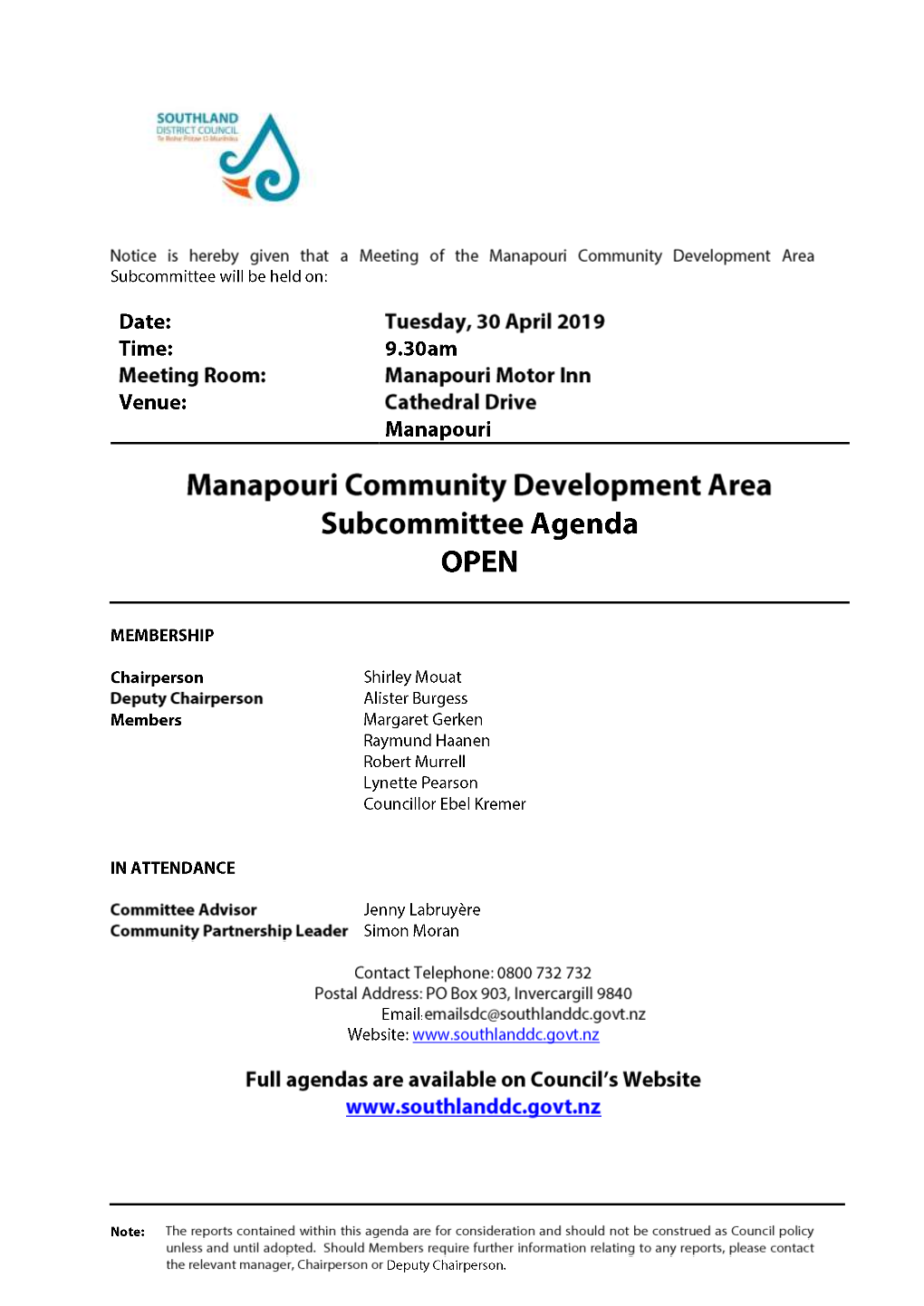 Agenda of Manapouri Community Development Area Subcommittee