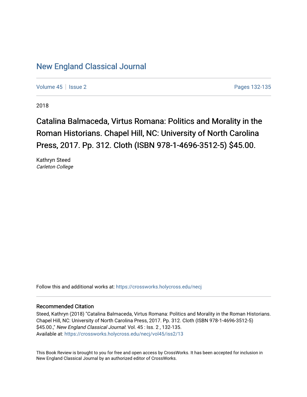 Catalina Balmaceda, Virtus Romana: Politics and Morality in the Roman Historians